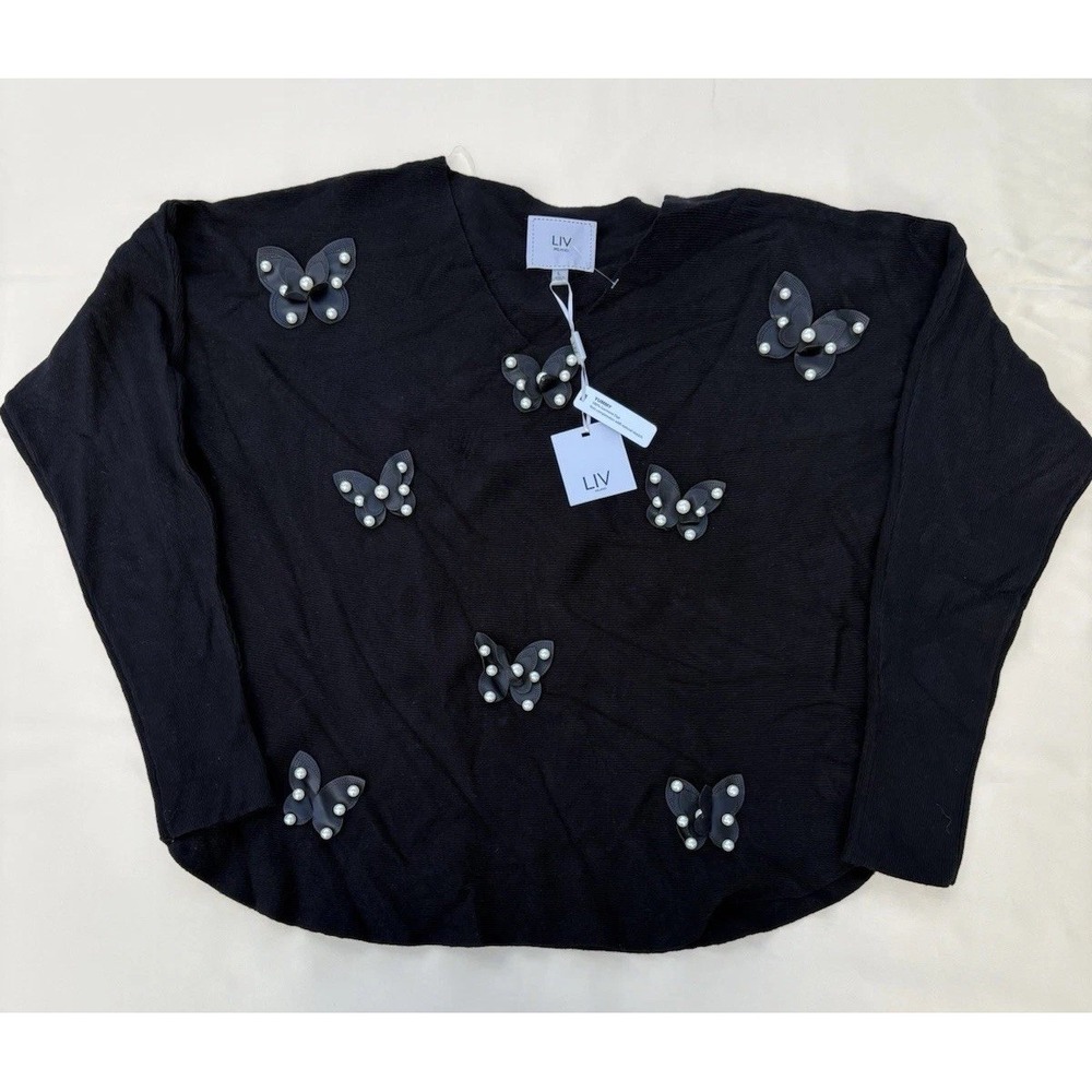 LIV Milano Womens L Black Butterfly Pearl Embellished Knit Sweater 15268-701